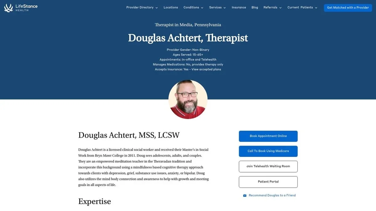 LifeStance Health profile for Douglas Achtert, LCSW, a recommended mindfulness-based therapist serving the Philadelphia, PA area.