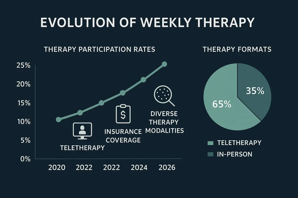Chart showing weekly therapy participation rising to 25% by 2026, with teletherapy making up 65% of formats. Raleigh, NC therapy resource.