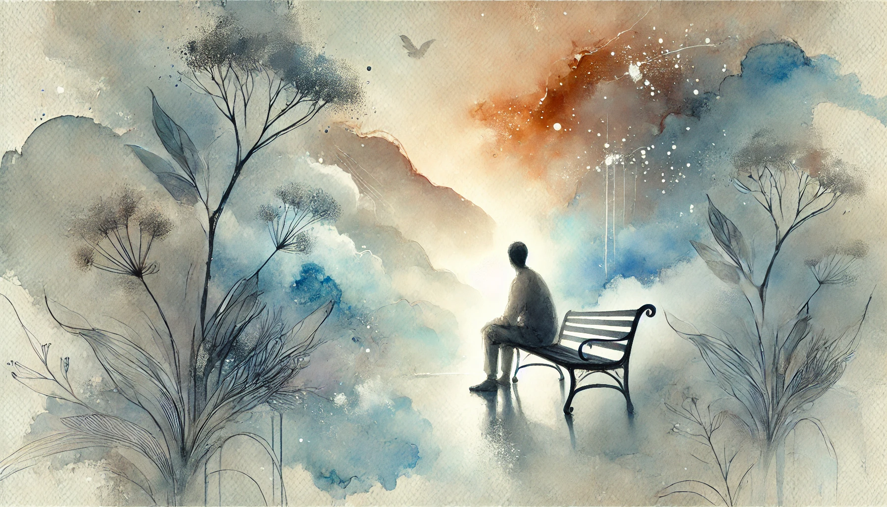 Watercolor illustration of a person reflecting on a bench. Pittsburgh therapist Mariah Zur guides clients through narcissistic abuse recovery and healing.