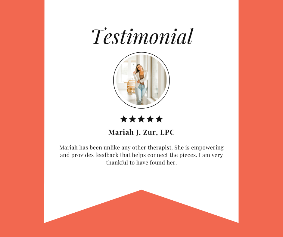 5-star client testimonial for trauma therapist Mariah J. Zur praising her empowering approach and helpful feedback.