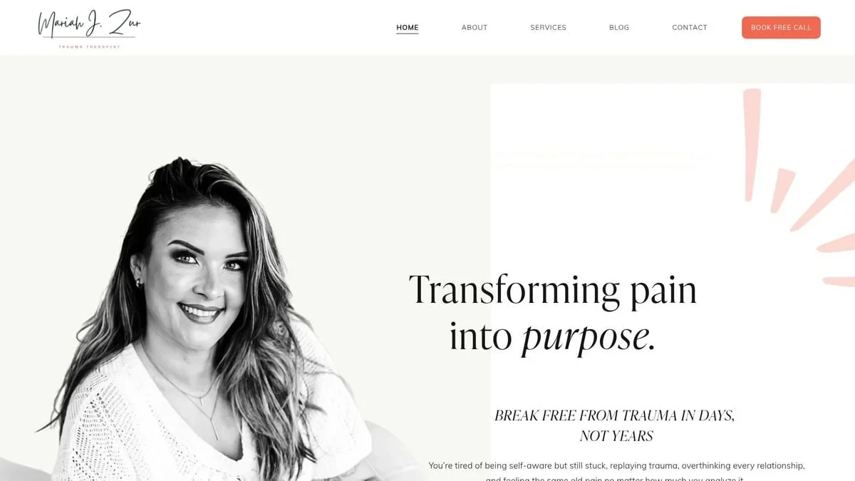 The homepage of Mariah J. Zur’s website, a trauma therapist in PA. It features her photo and the headline 'Transforming pain into purpose' to help clients break free from trauma.