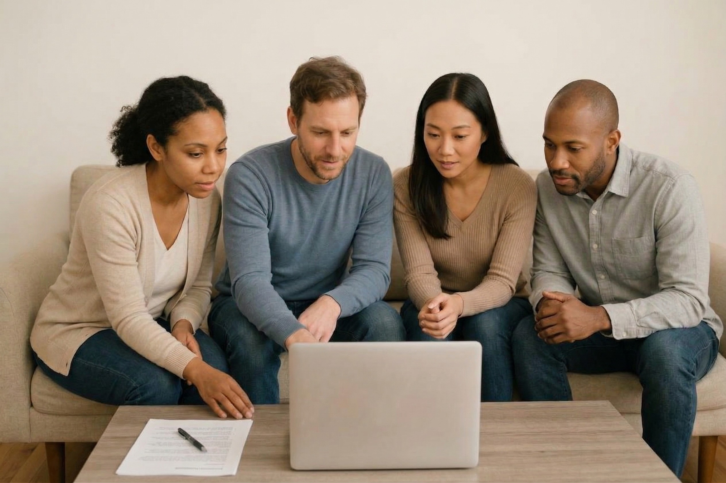 A diverse group of professionals sitting together and participating in a virtual therapy session via laptop. PA therapist Mariah Zur provides online counseling and wellness support for high-achieving teams.
