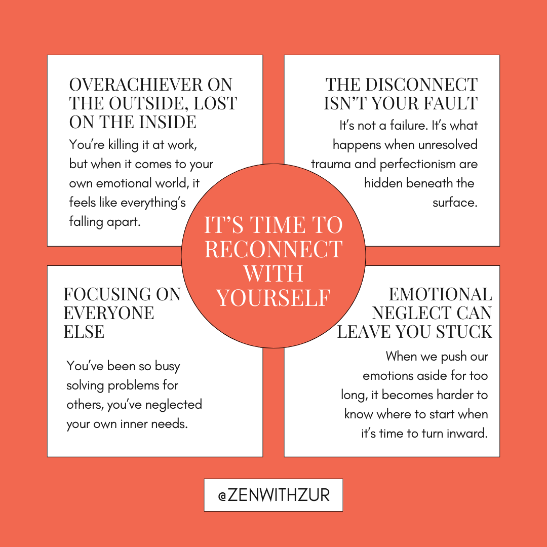 Infographic by PA therapist Mariah Zur explaining why high achievers feel lost inside and how to reconnect with yourself.