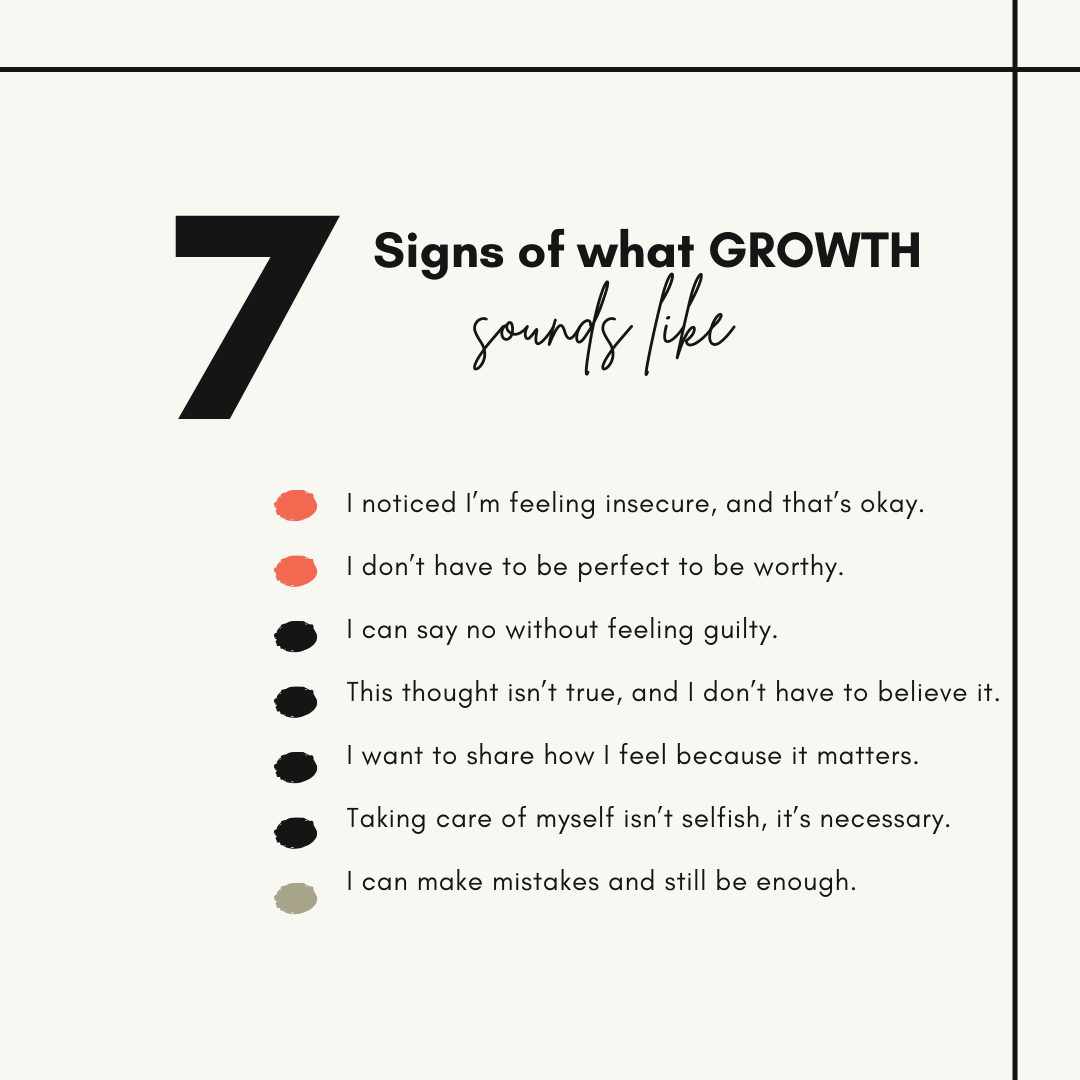 List graphic by PA therapist Mariah Zur showing 7 signs of emotional growth and healing from the belief of not being enough.