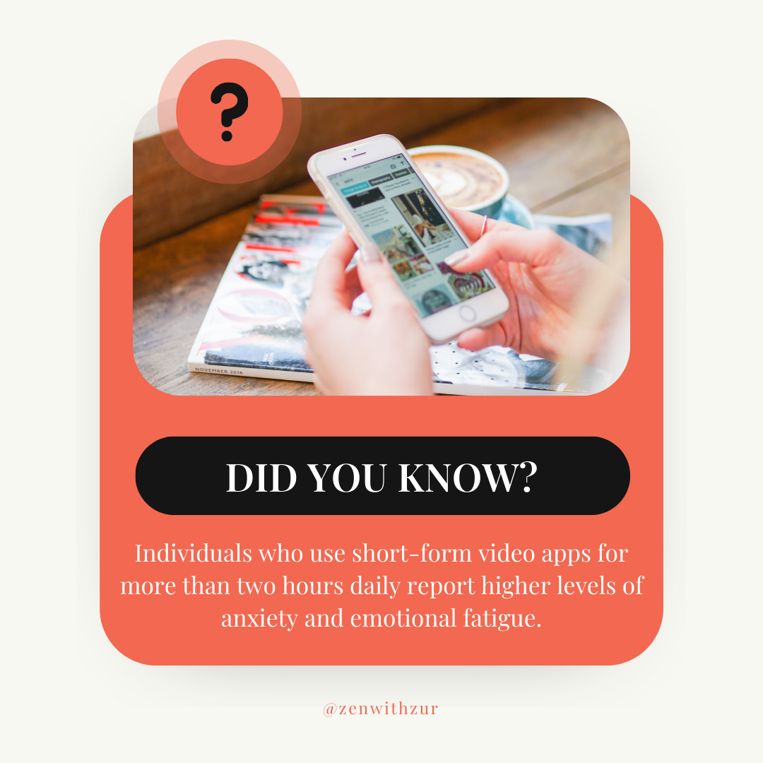 Graphic by PA therapist Mariah Zur: over 2 hours of daily short video use increases anxiety and emotional fatigue.