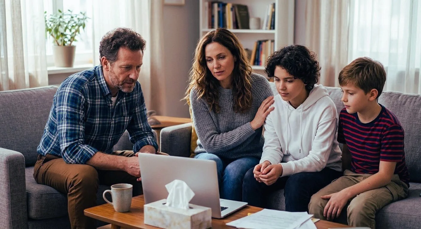 A mother, father, and their two sons sit together on a couch, looking intently at a laptop during a virtual counseling session. PA trauma therapist Mariah Zur helps families navigate complex dynamics and heal together through online therapy.