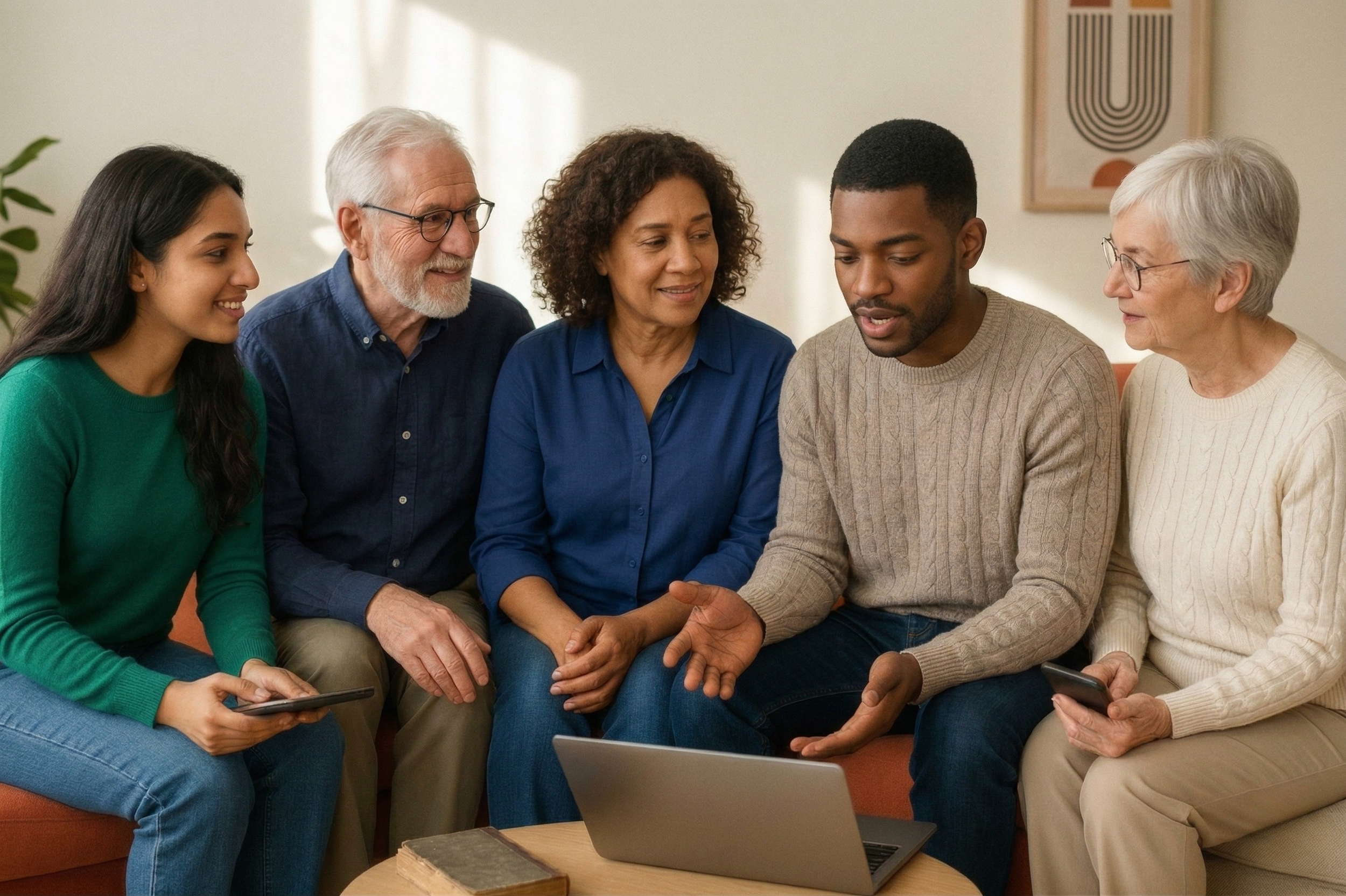Five diverse people of varying ages happily gathered on a modern living room couch, interacting around a silver laptop. Group looks engaged. By therapist Mariah J. Zur.