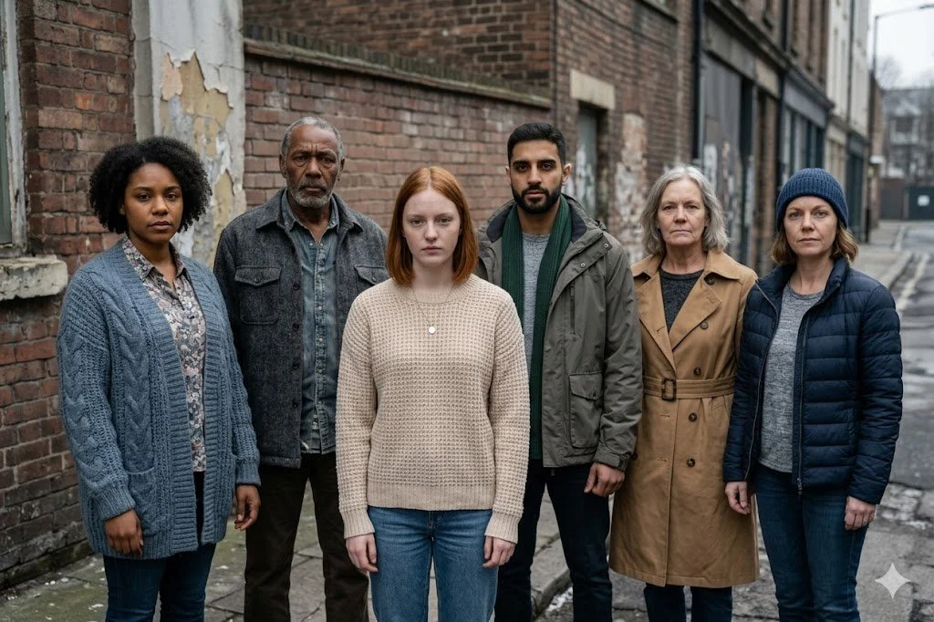 A young woman standing with a diverse group of five adults on a brick-lined street. They all share serious, direct expressions, representing the heavy collective weight of social stigma and mental health struggles. By therapist Mariah J. Zur.