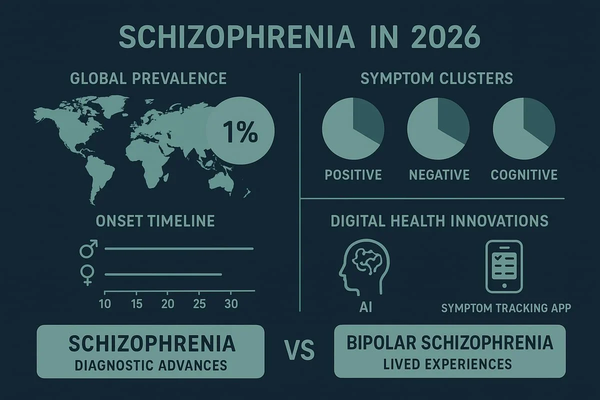 Infographic on Schizophrenia in 2026 covering global prevalence, symptom clusters, and digital health innovations. PA therapist Mariah Zur helps clients navigate complex mental health diagnoses.