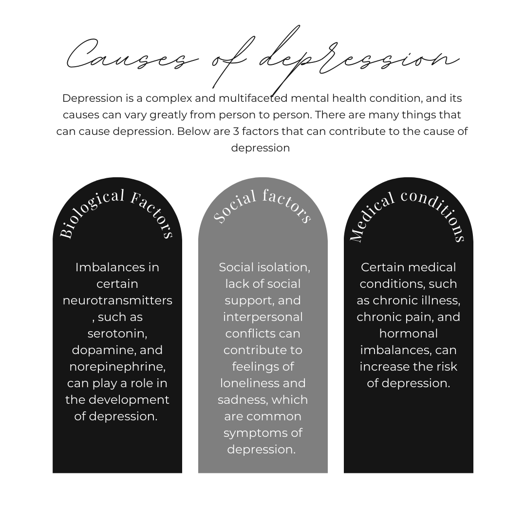 An infographic by Zen with Zur explaining three main causes of depression: biological factors, social factors, and medical conditions. Used as an educational resource for individuals seeking depression and trauma therapy in Raleigh, NC.