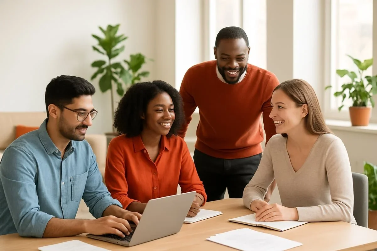 Diverse team smiling and collaborating around a laptop, highlighting workplace mental wealth. By therapist Mariah J. Zur.
