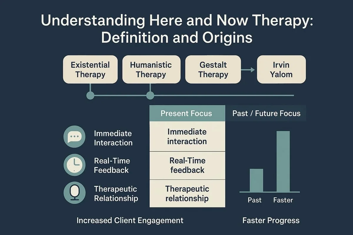 An infographic by Mariah J. Zur explaining the definition, origins, and present-focused core principles of Here and Now Therapy for clients in Raleigh, NC.