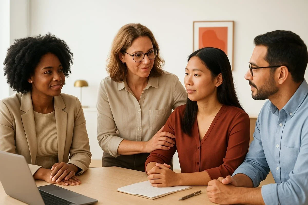 Four diverse professionals around a table, with one woman supportively placing a hand on a colleague's shoulder, representing trauma-aware support. By therapist Mariah J. Zur.