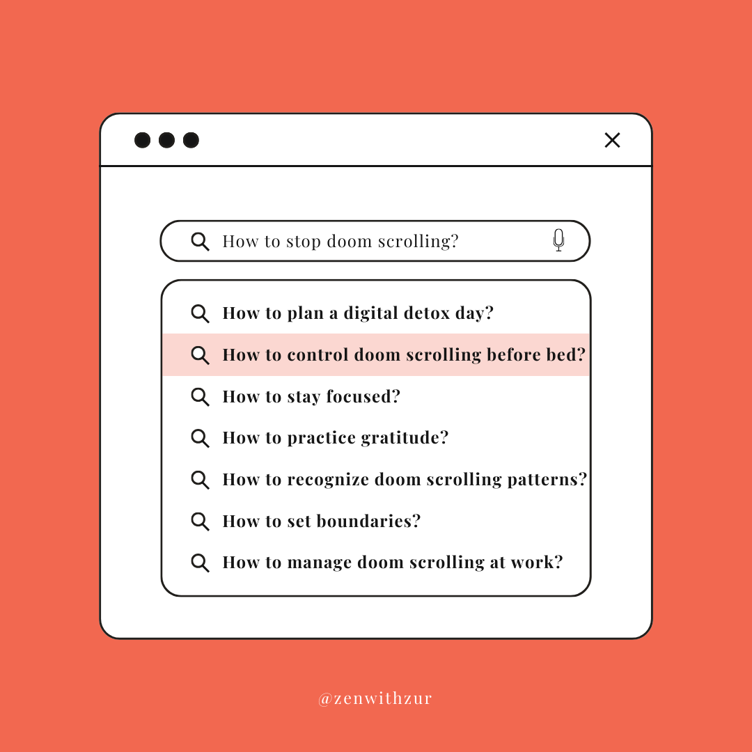 An illustration of a search bar displaying queries about how to stop doomscrolling, digital detoxing, and staying focused for mental health.