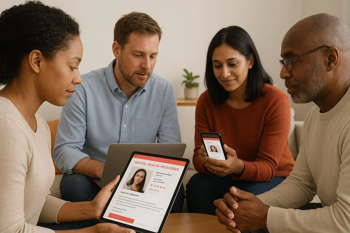 A group of adults reviewing a 'Mental Health Providers' profile on a tablet. PA therapist Mariah Zur helps clients navigate the process of finding the right therapeutic support.