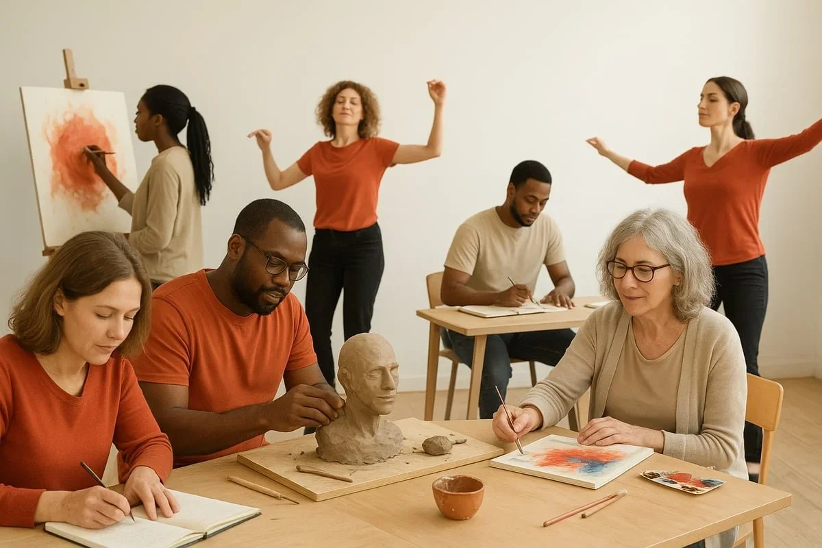 Group engaging in trauma art modalities like sculpting, painting, and movement therapy. By therapist Mariah J. Zur.