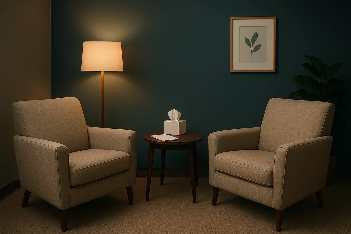 A welcoming, softly lit therapy office with two comfortable chairs and a box of tissues, representing the safe, confidential space for in-person trauma therapy sessions with Mariah Zur in Raleigh, NC.