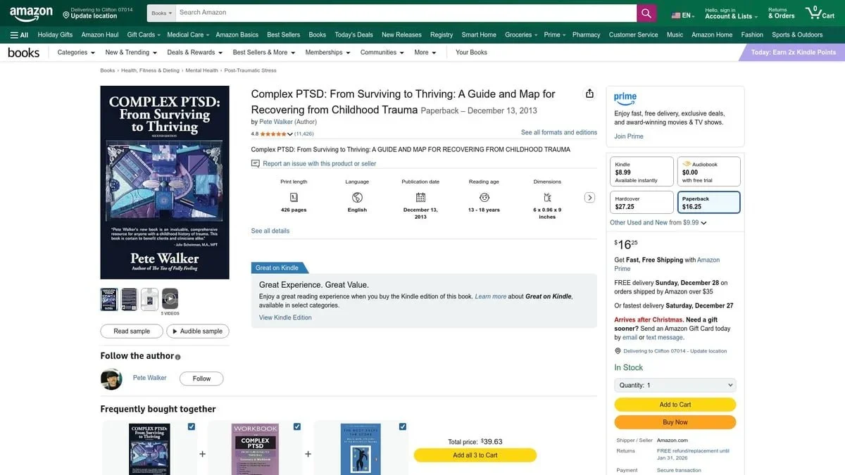 An Amazon product page for "Complex PTSD: From Surviving to Thriving" by Pete Walker, showing the book cover, pricing, and frequently bought together trauma recovery resources.