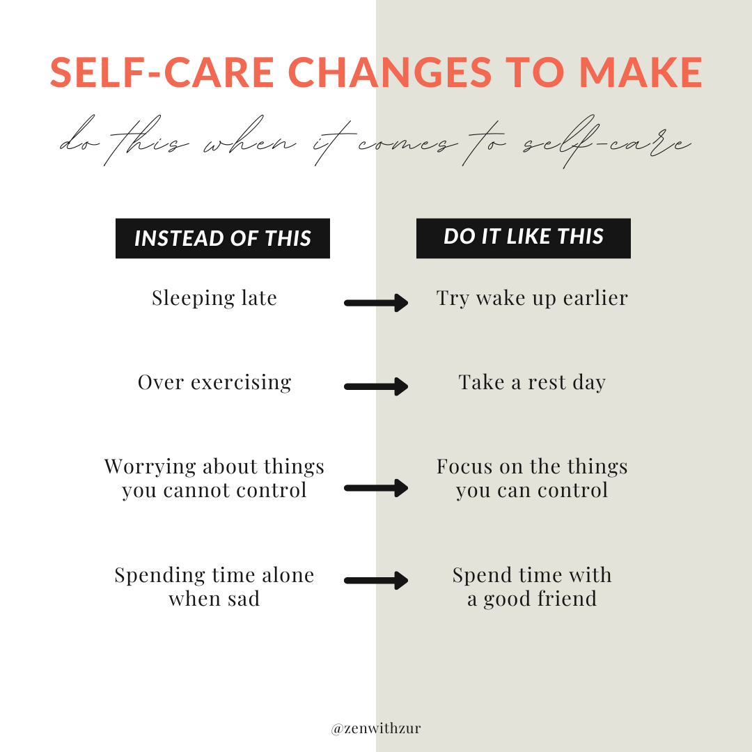 Infographic titled "SELF-CARE CHANGES TO MAKE" comparing helpful self-care strategies to common anxious habits like sleeping late and isolating. By therapist Mariah J. Zur (@zenwithzur).
