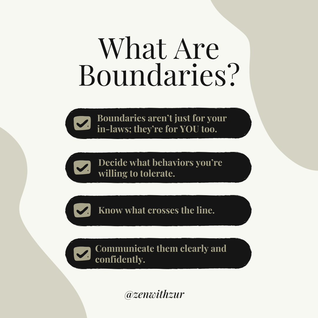 Checklist graphic by PA therapist Mariah Zur on how to set boundaries with narcissistic in-laws during the holidays.