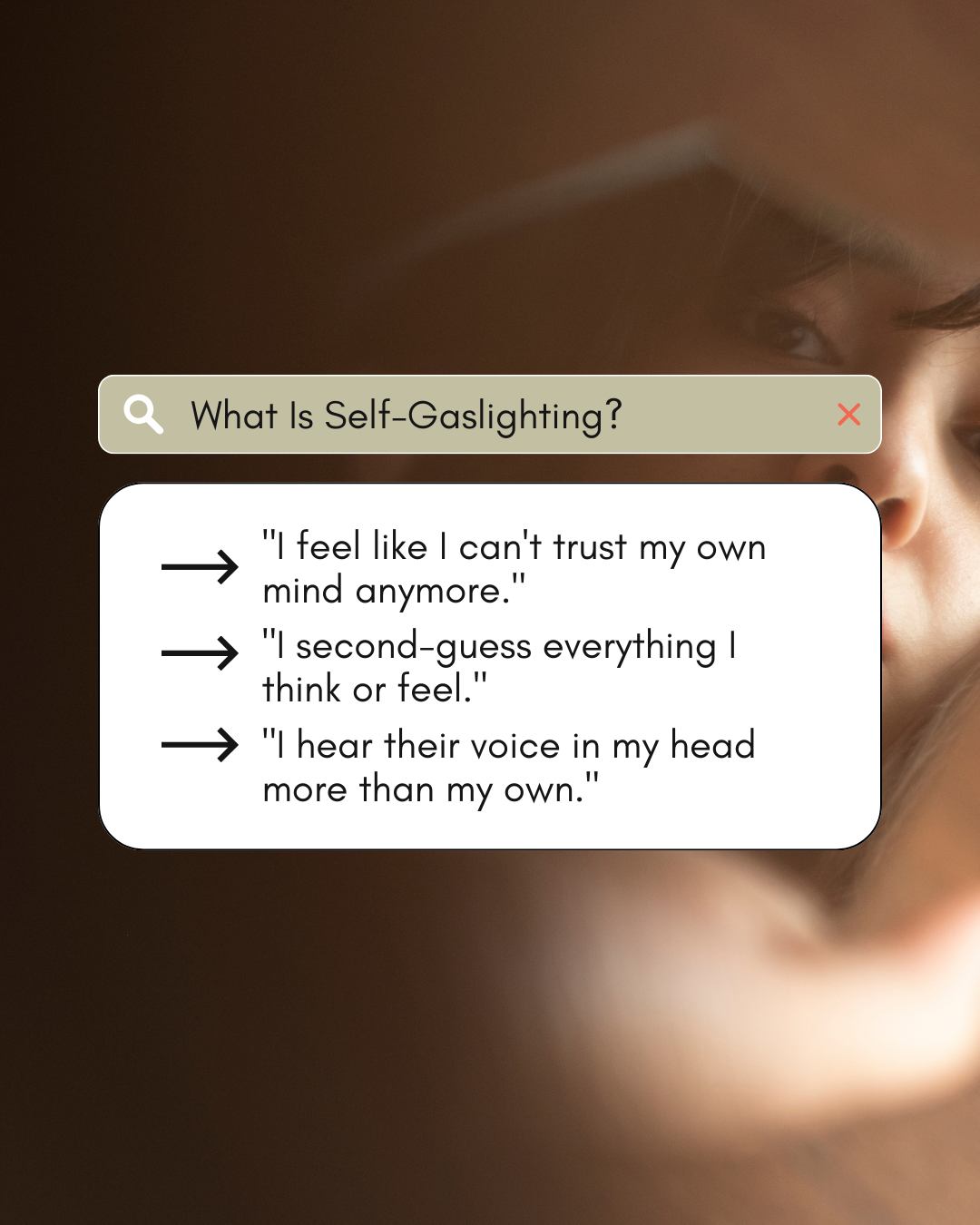Graphic by PA therapist Mariah Zur defining self-gaslighting as second-guessing yourself and losing trust in your own mind.
