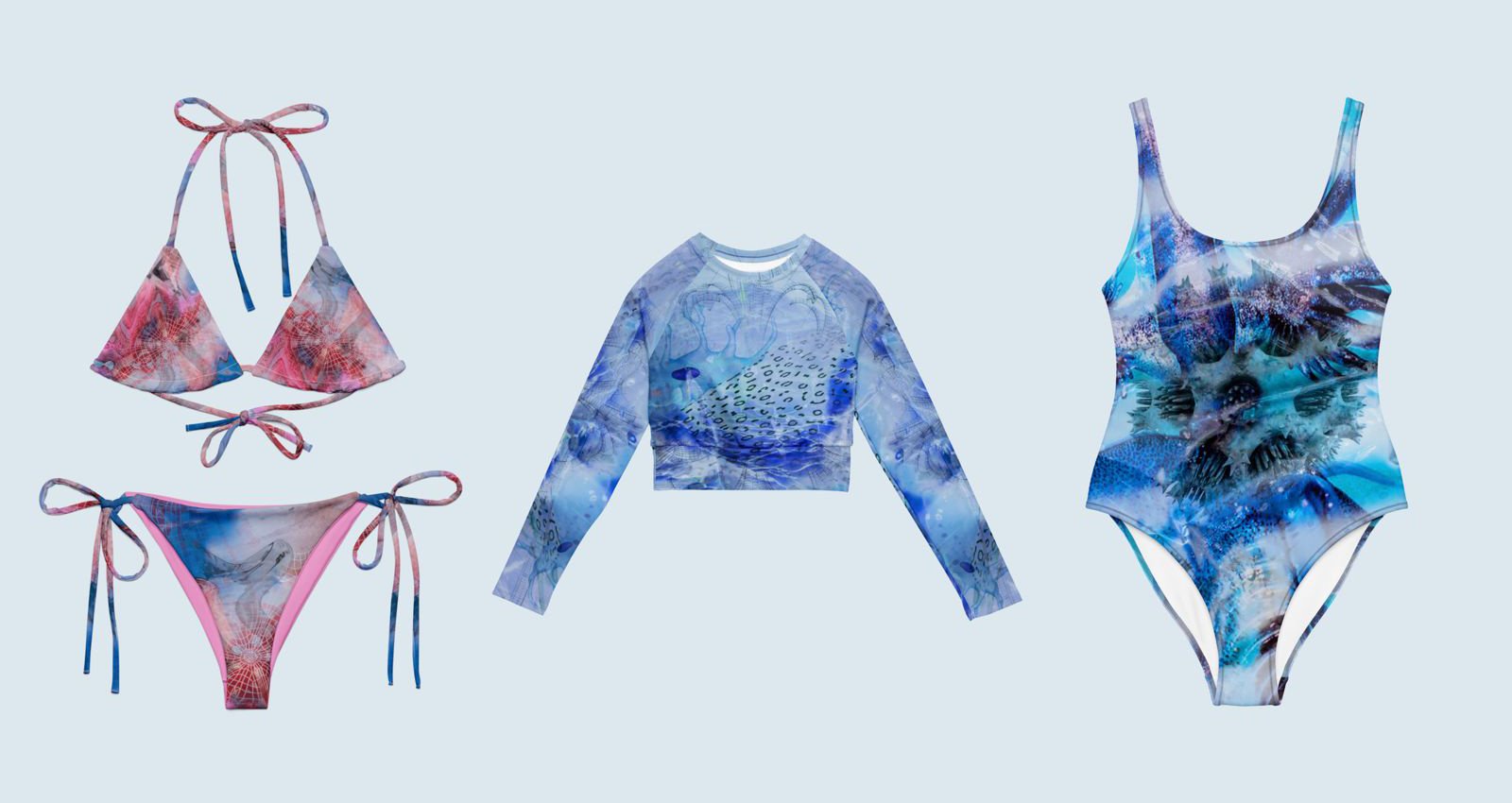 Set of three swimwear pieces including a pink and blue bikini, a blue long-sleeve cover-up, and a one-piece swimsuit with blue and black patterns.