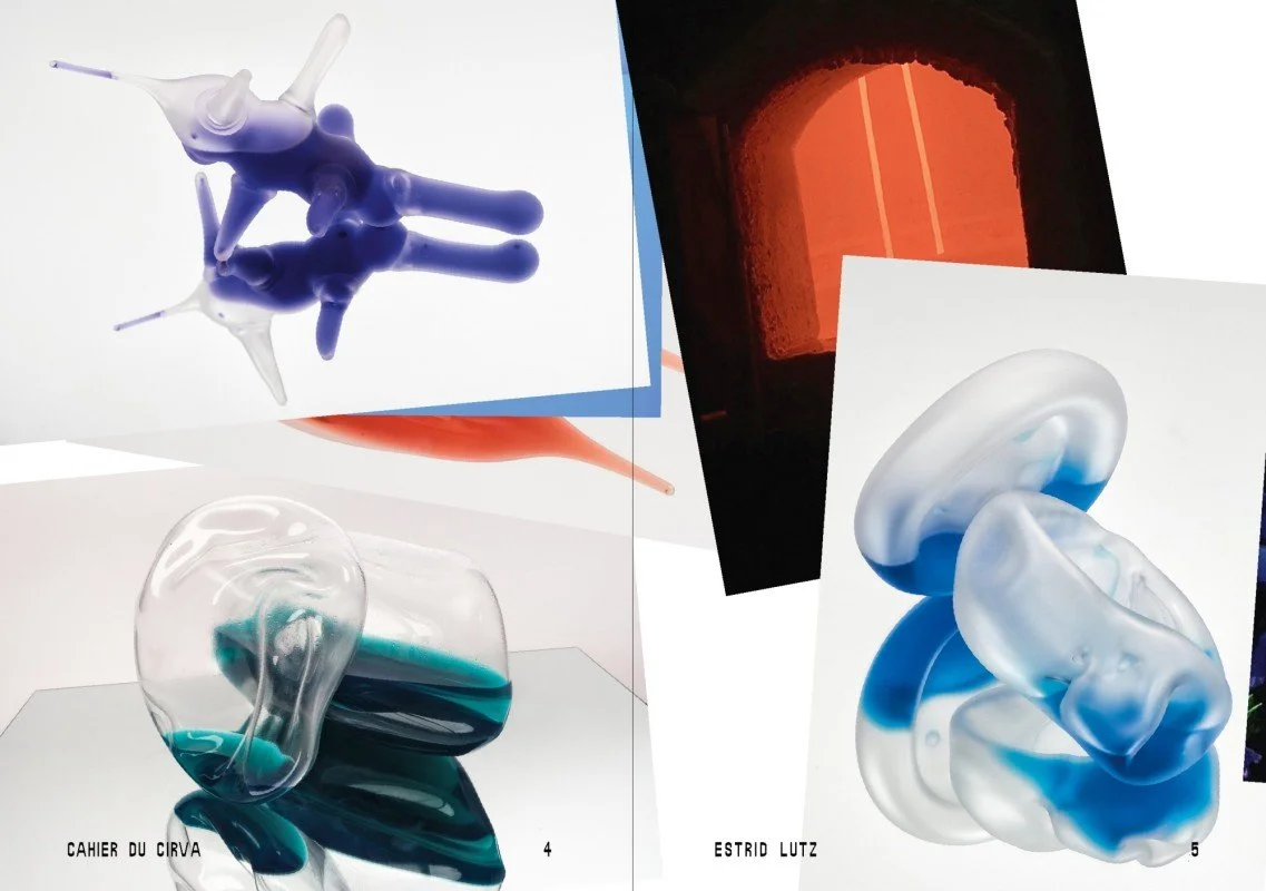 Collage of abstract glass art sculptures with colorful, flowing designs.