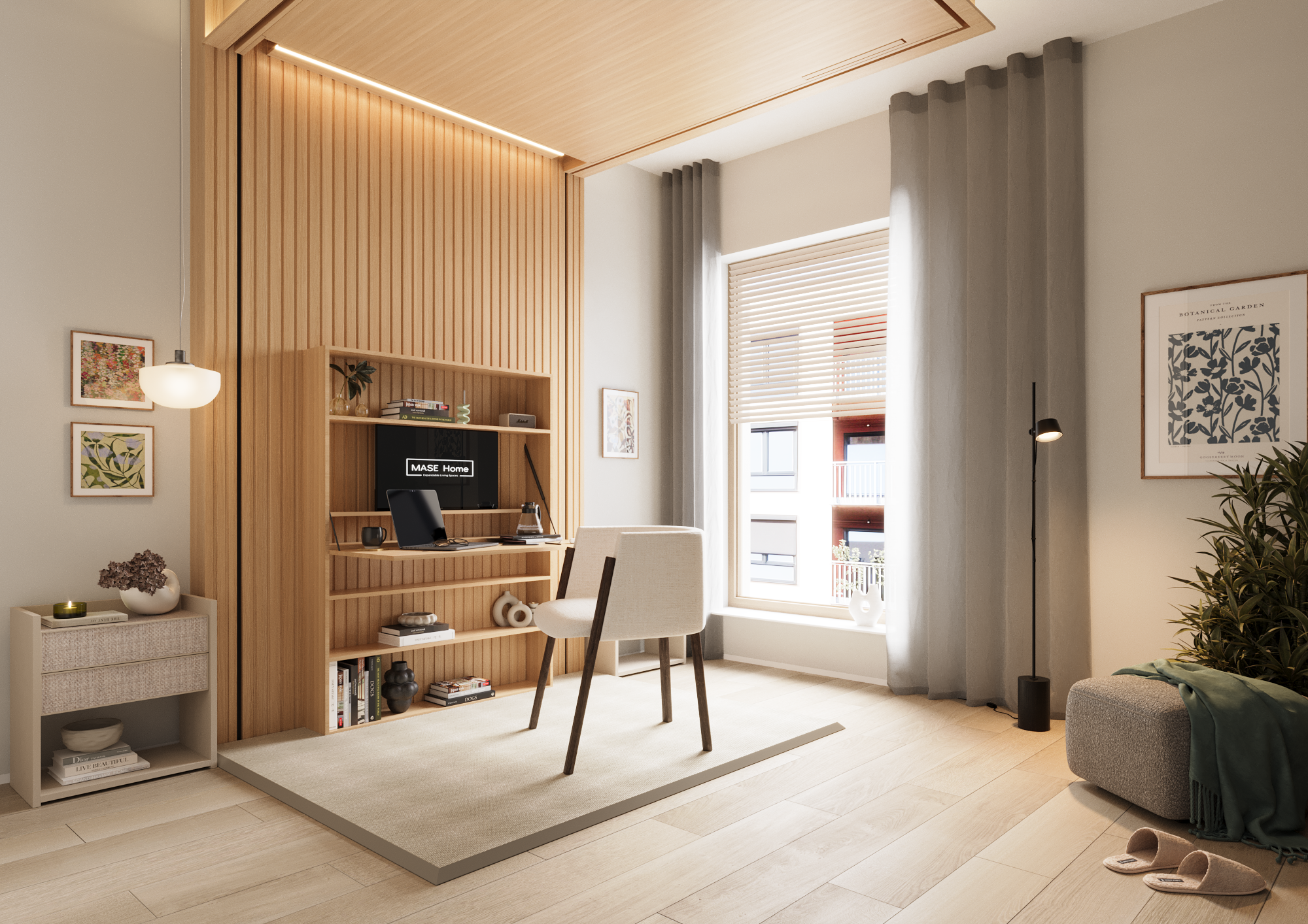 Modern living room with light wood flooring, a beige rug, a white side table with decor, a built-in wooden wall unit with a computer, books, and decorative items, a window with blinds and curtains, framed artwork on walls, a black floor lamp, a potted plant, a gray ottoman with a green throw, and slippers on the floor.