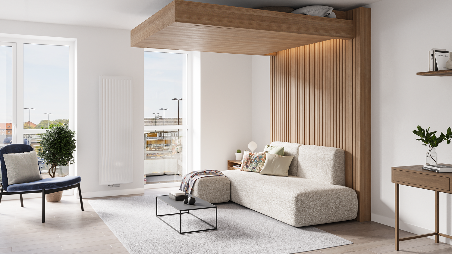 MASE Bed raised into the ceiling, with the sofa free below