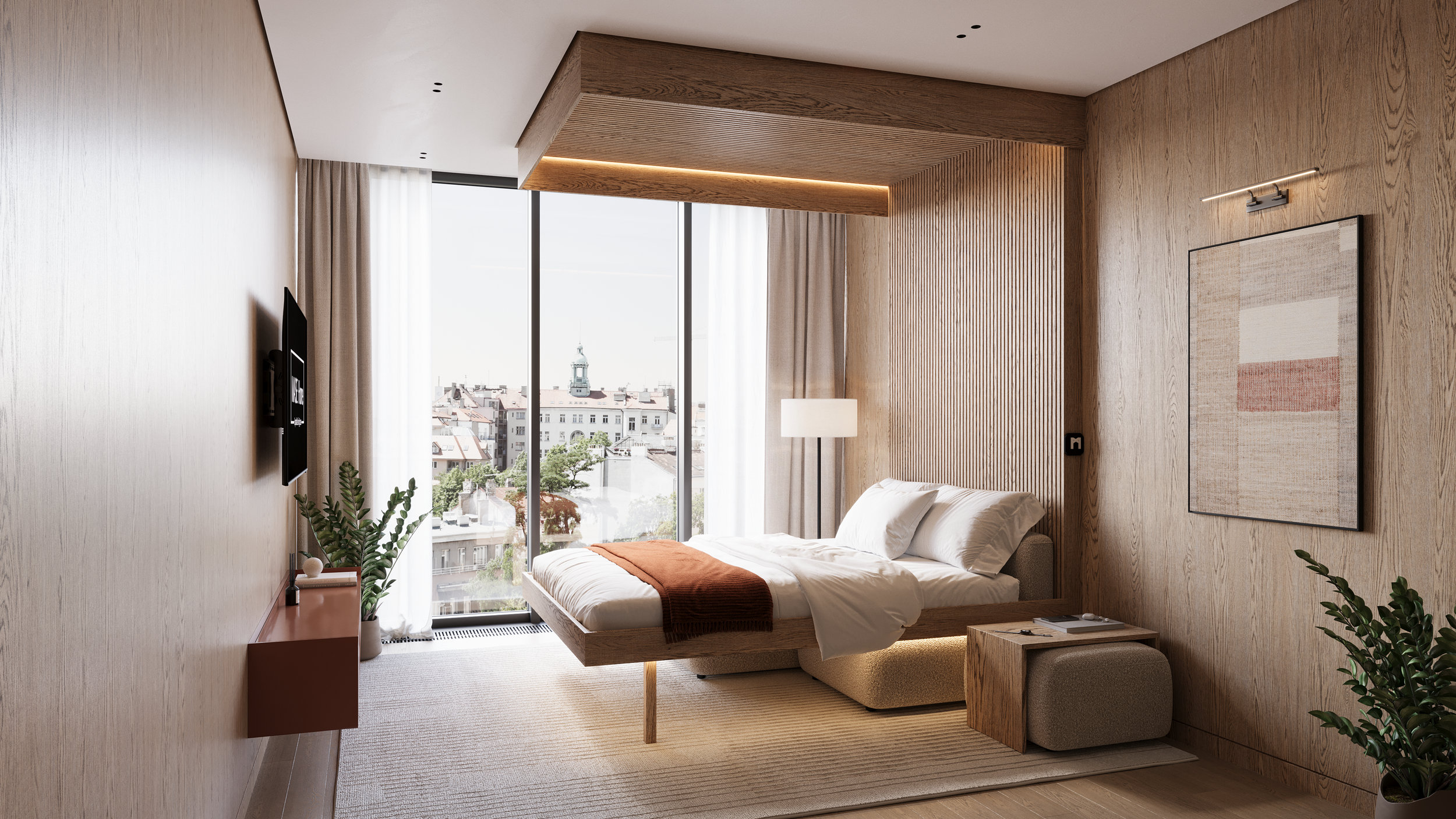 Modern hotel room with a bed, a large floor-to-ceiling window, a flat-screen TV, a side table, a potted plant, and artwork on the wall.