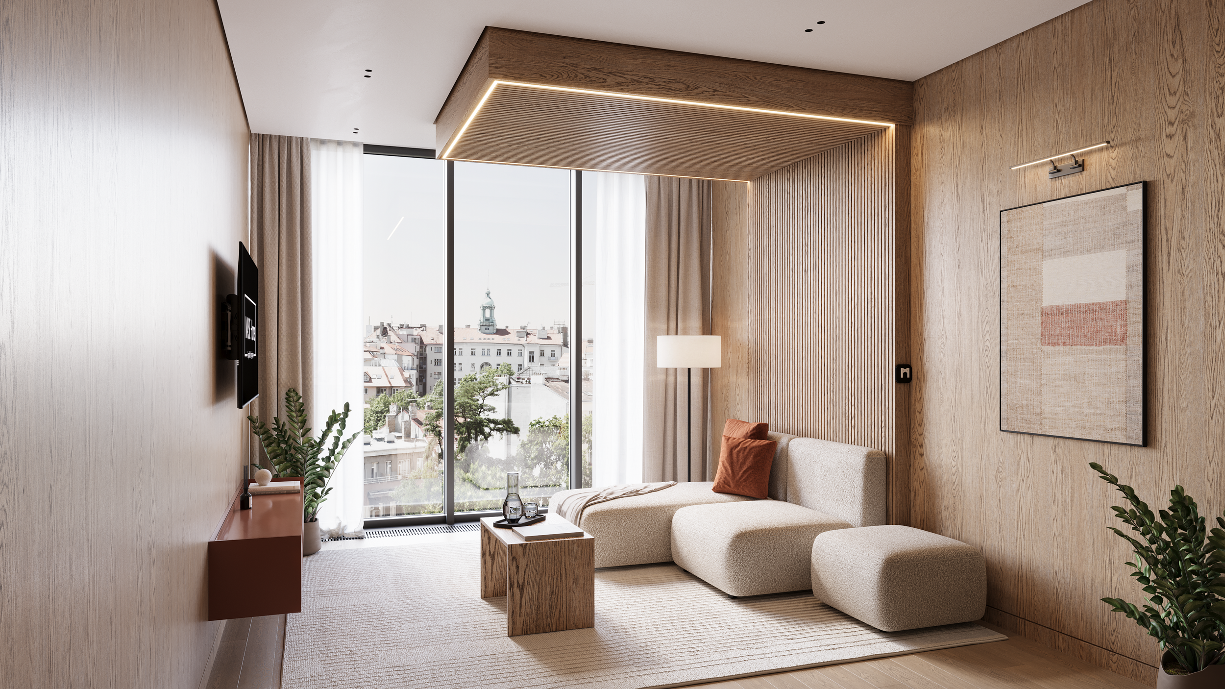 Modern living room with large windows, beige sectional sofa with pillows, wooden accent wall, abstract wall art, potted plants, and a small coffee table with decorative items.