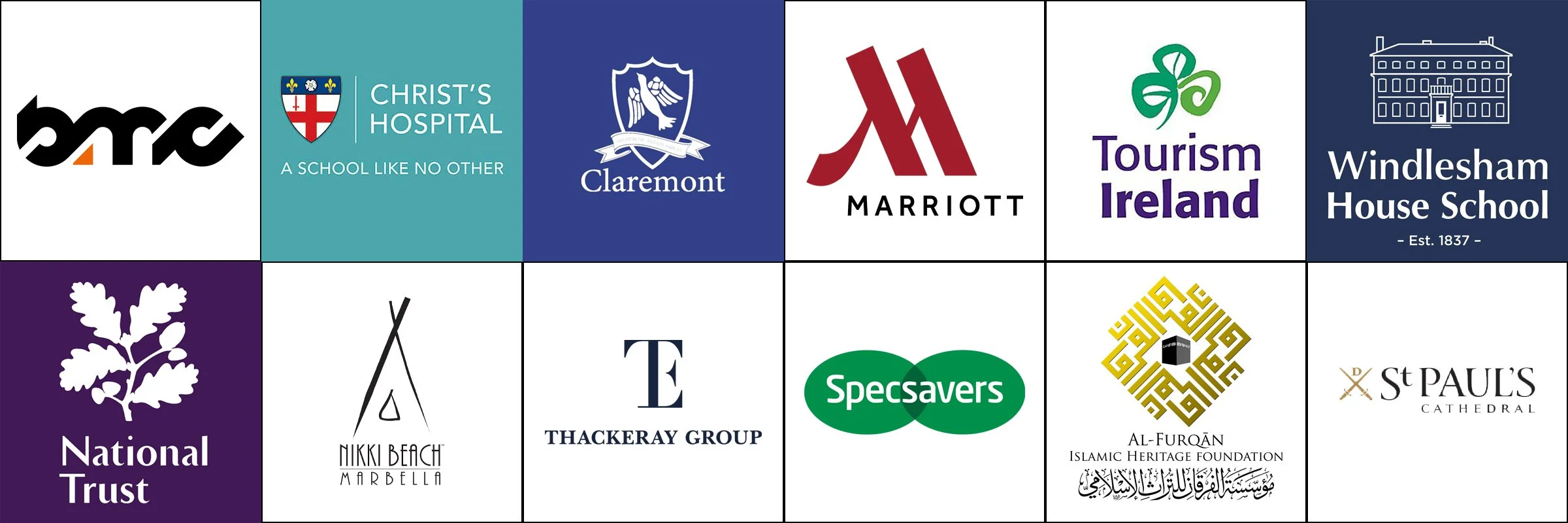 A collage of 15 different logos, including BARC, Christ's Hospital, Claremont, Marriott, Tourism Ireland, Windlesham House School, National Trust, Nikki Beach Marbella, Thackeray Group, Specsavers, Al-Furqān Islamic Heritage Foundation, and St. Paul's Cathedral.