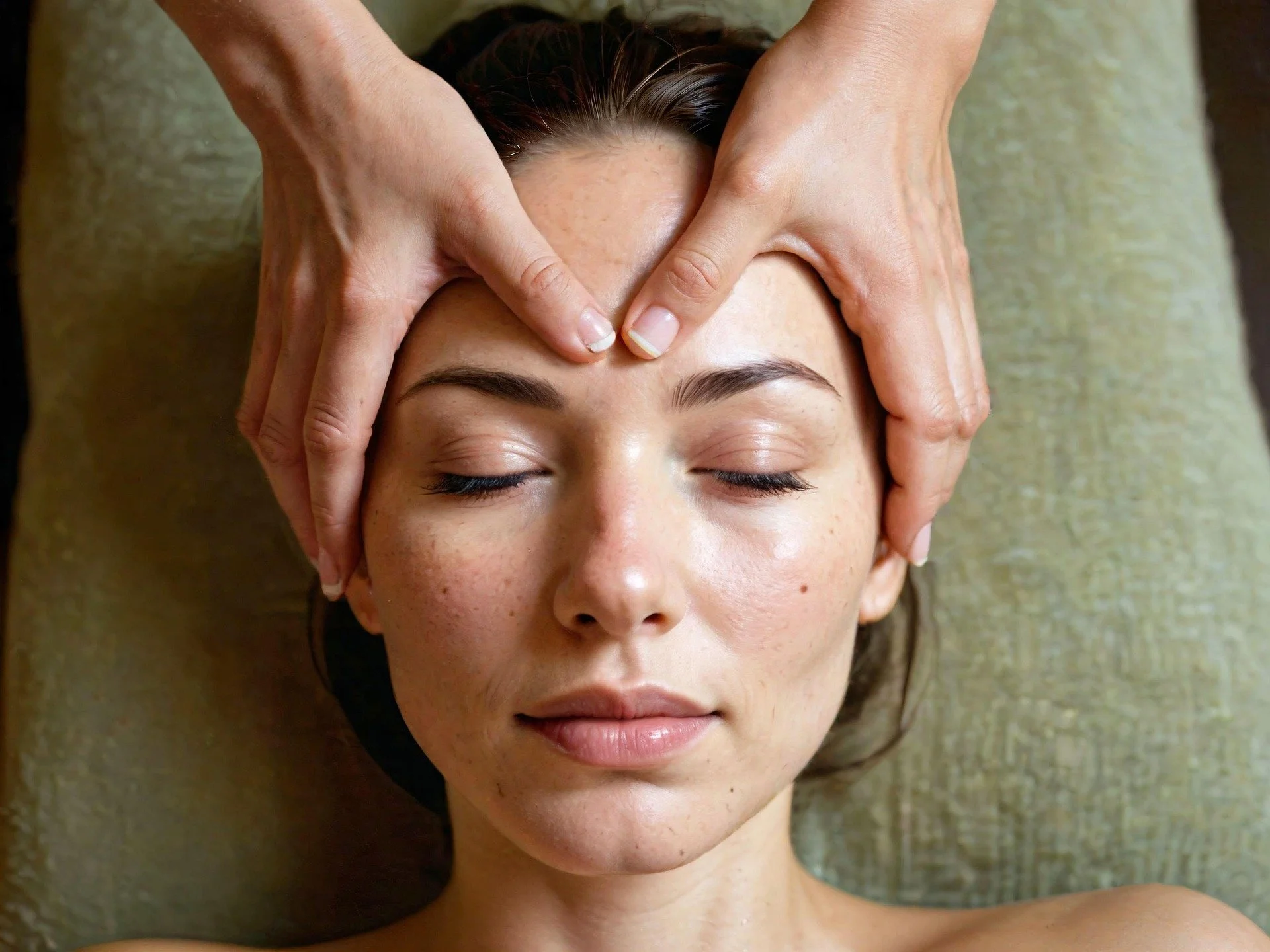 Woman receiving a facial massage while lying with her eyes closed.