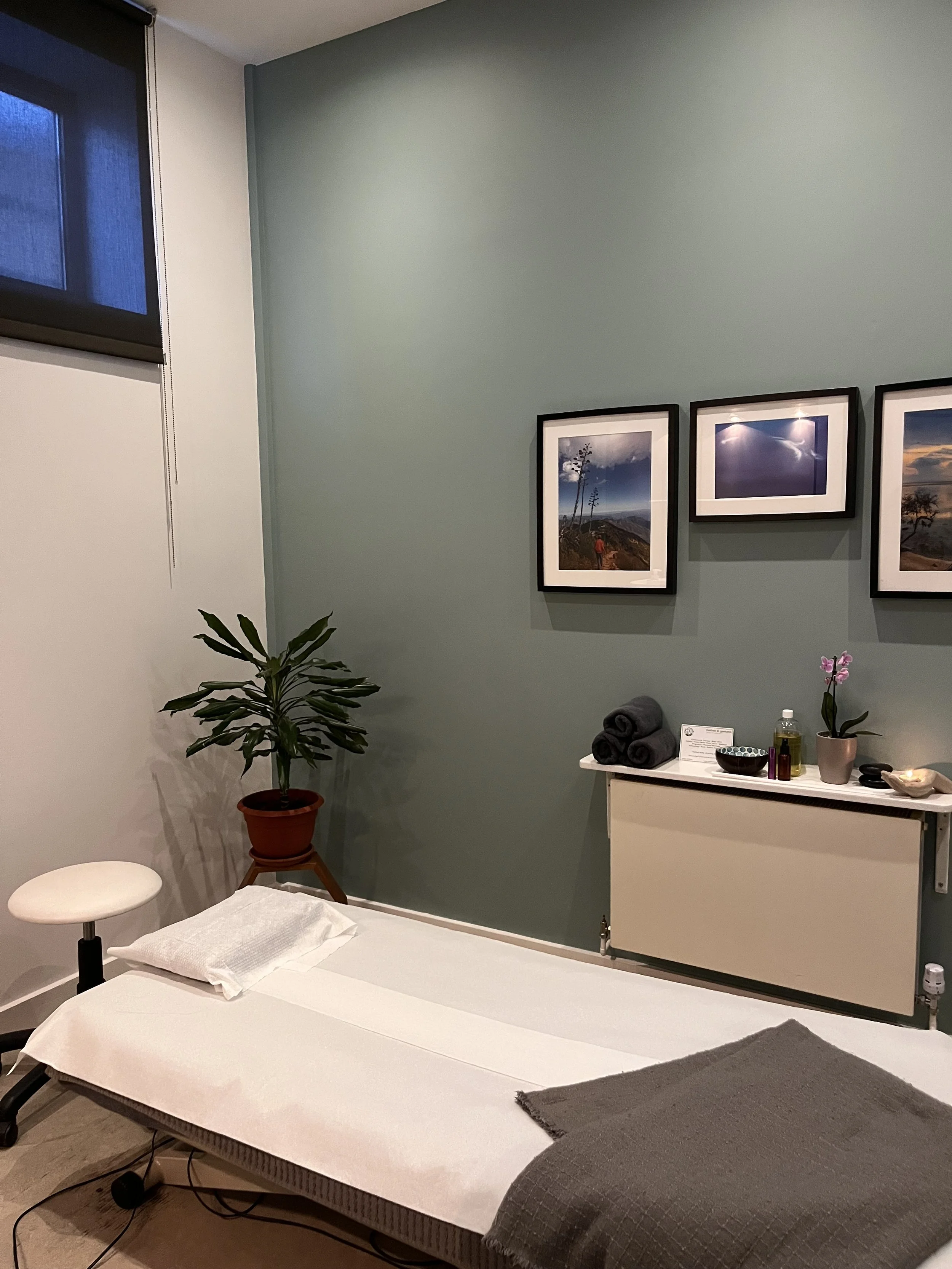 Spa or massage room with a massage table, a potted plant, framed landscape photos on a green-colored wall, and a small shelf with towels, oils, and decorative items.