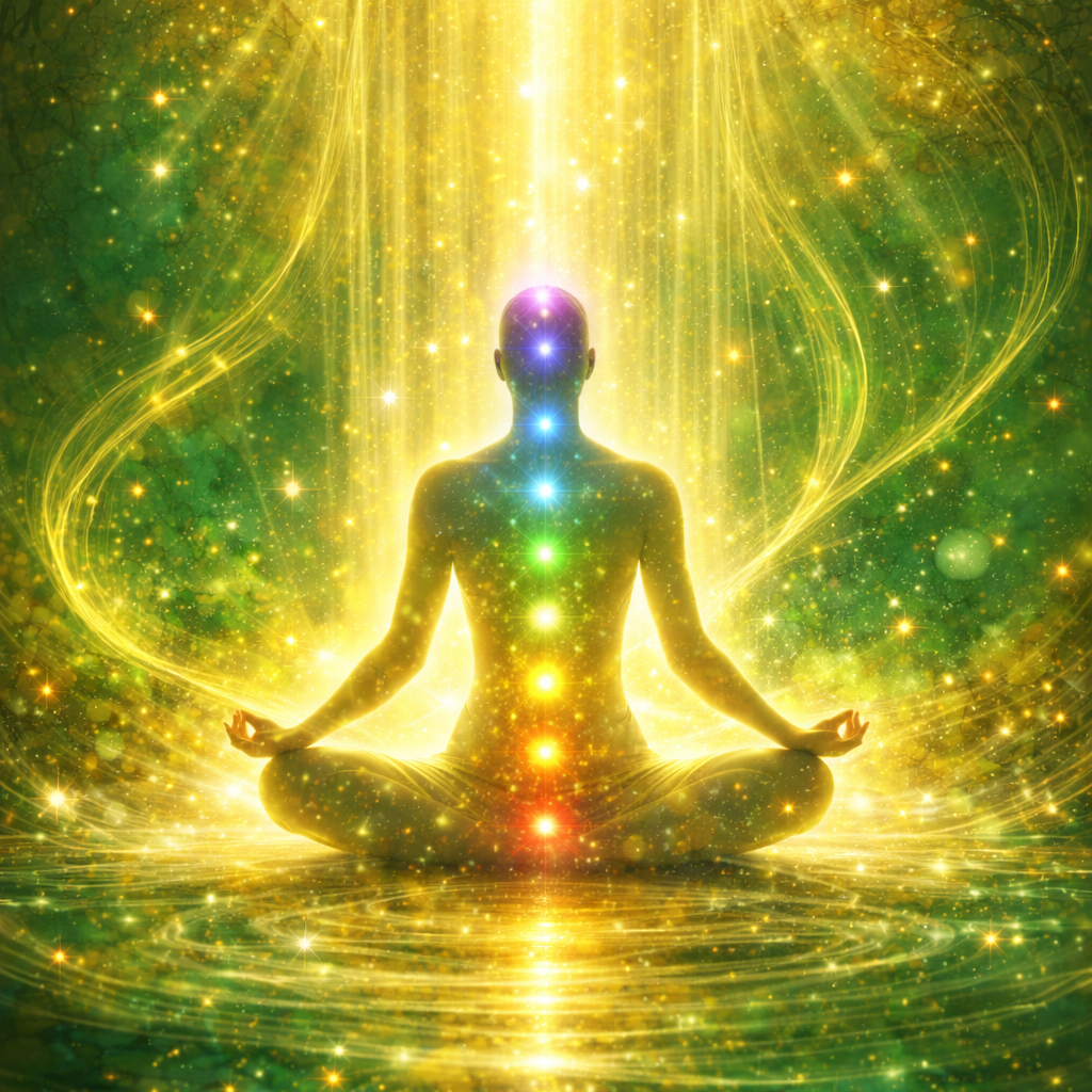 Silhueta de uma pessoa em posição de meditação, com chakras destacados alinhados ao longo do corpo, rodeada por luzes douradas e estrelas em um ambiente cósmico e místico.