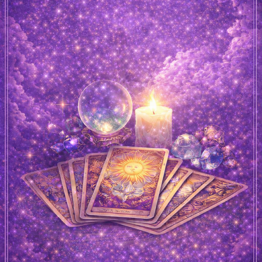 Cartas de tarô, cristal, vela acesa, orbe de cristal e pedras em um fundo estrelado roxo e lilás