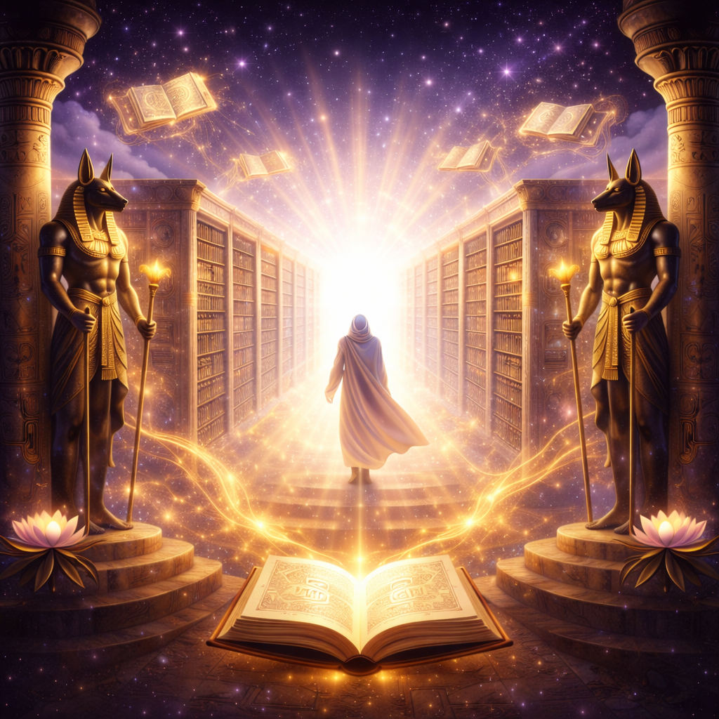 Caminho mágico entre estantes de livros iluminados por uma luz brilhante. Dois estátuas com cabeça de chacal segurando tochas, um homem com capa caminhando em direção à luz, livros flutuando e estrelas no céu.