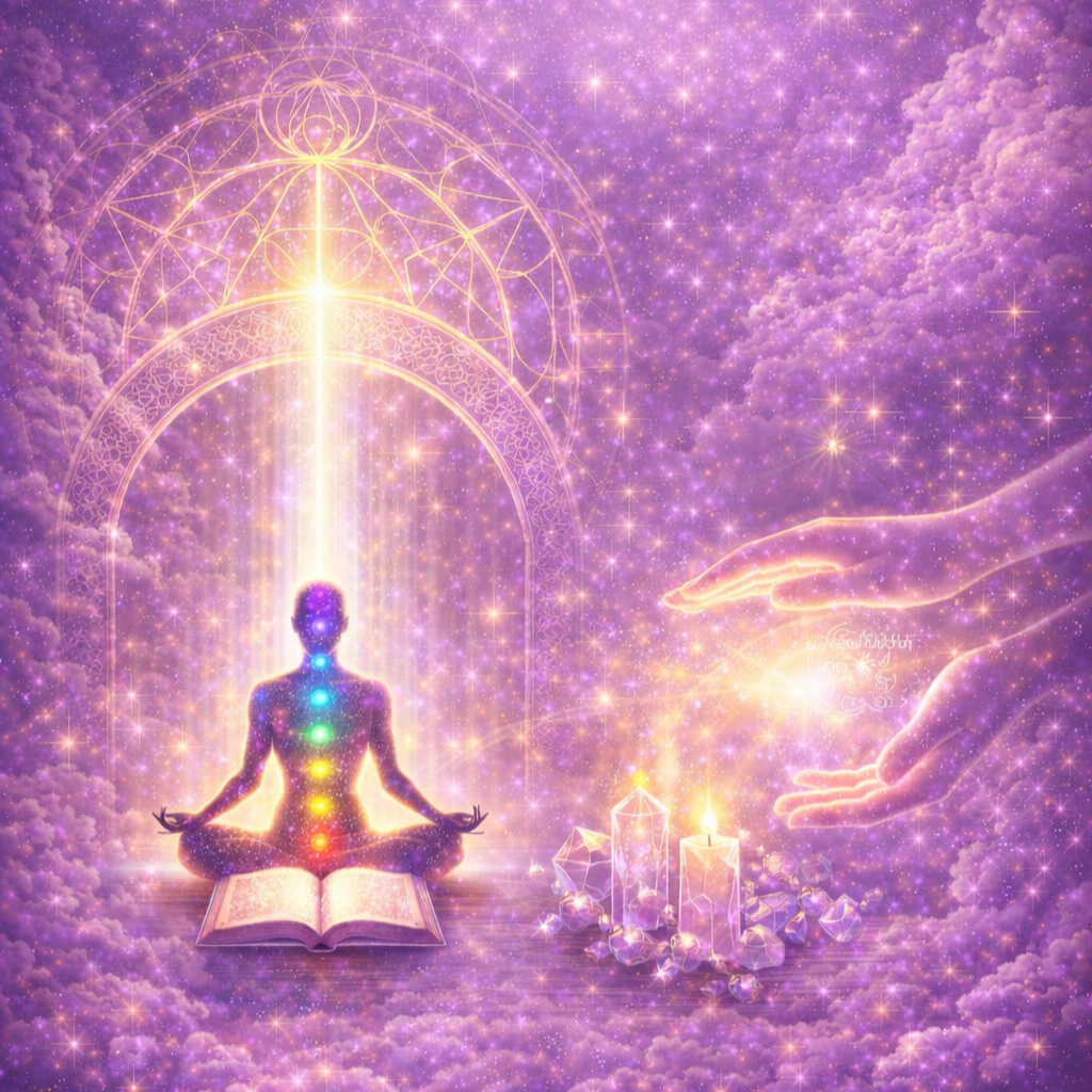 Pessoa meditando com chakras visíveis em um cenário etéreo de nuvens e estrelas, com luzes e cristais ao redor, em cores predominantemente roxas e douradas.