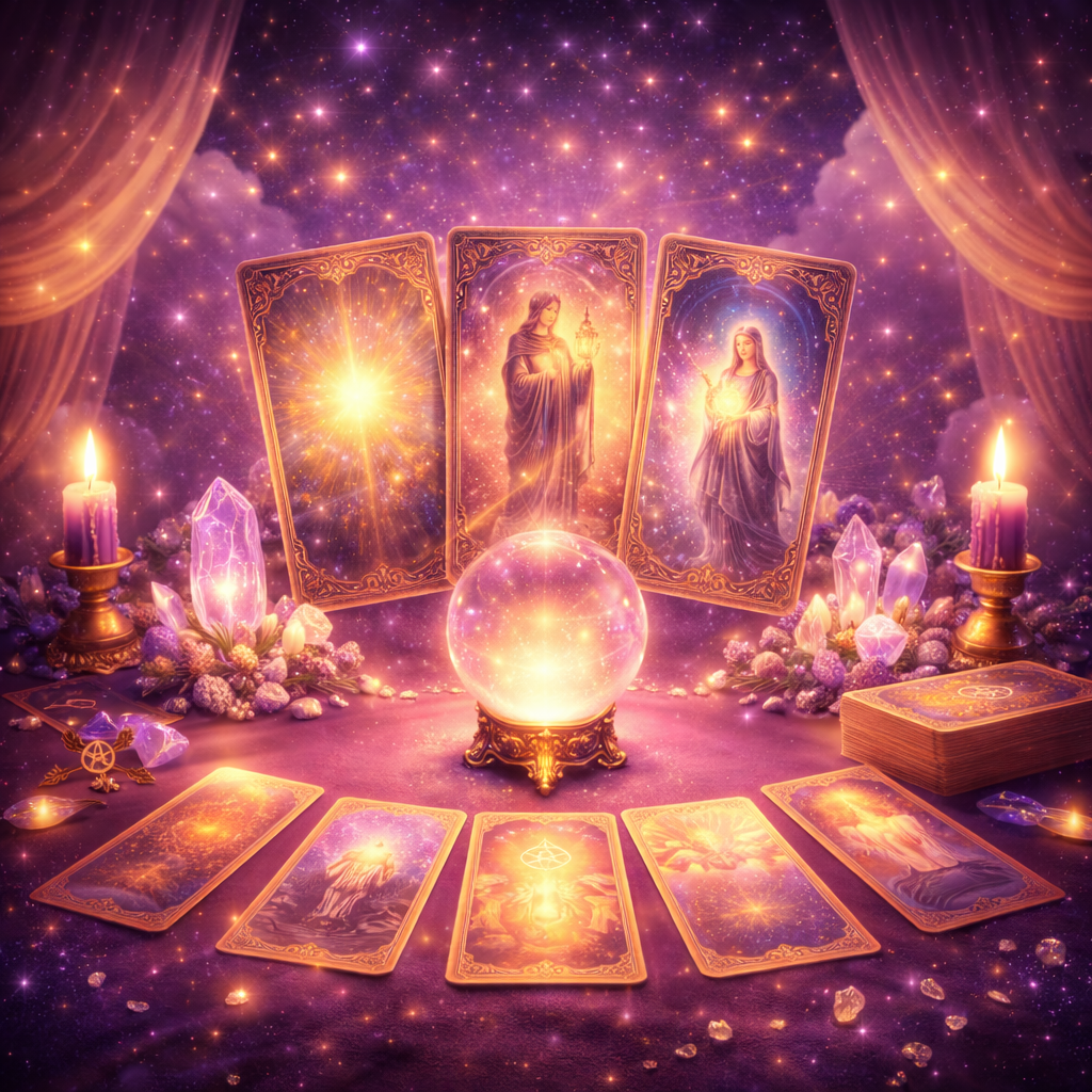 Imagem de leitura de tarô com cartas angelicais e simbolismos místicos, iluminação mágica em tons de roxo e dourado, velas acesas, cristais e uma esfera de luz no centro, em um cenário celestial,evocando espiritualidade e magia.