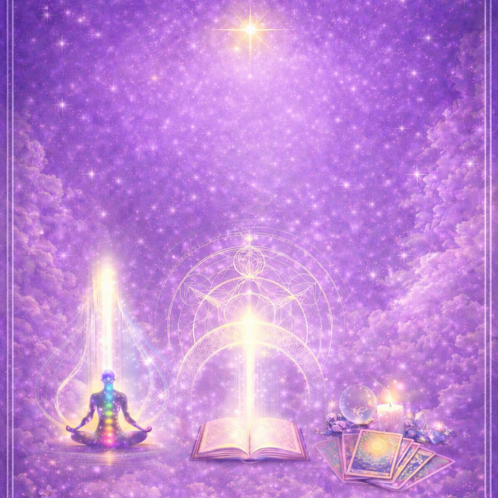 Cenário místico com céu estrelado roxo, estrela brilhante no topo, símbolo de meditação e chakras, livros, cristais, vela acesa e cartas de tarô ao lado.