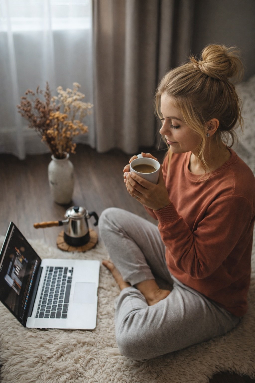 A woman sitting on a fluffy rug in a cozy room, holding a mug of coffee, with a laptop open in front of her and a vintage coffee pot nearby. There is a vase with dried flowers in the background.