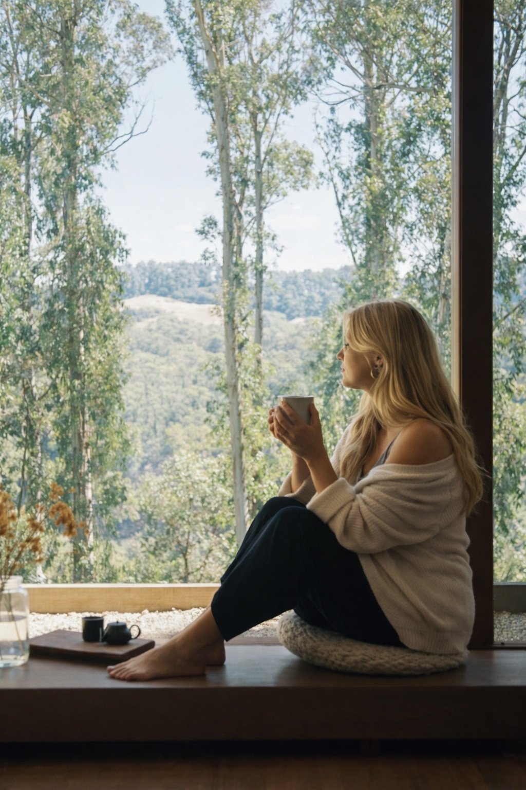A woman sitting on a windowsill with a scenic view of trees and mountains, holding a mug.