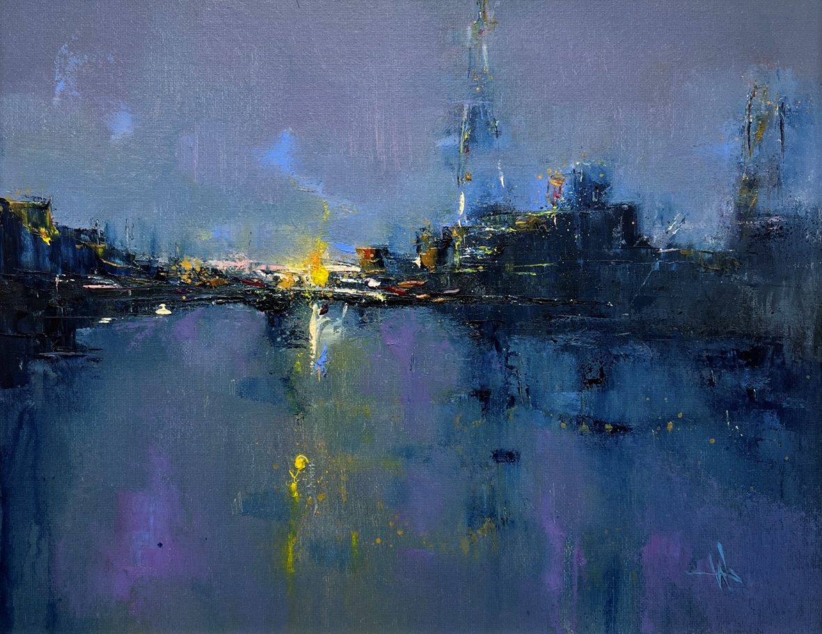 An abstract painting depicting a cityscape at night with buildings, a bridge, and reflections on water using primarily dark blue, purple, and yellow colors.