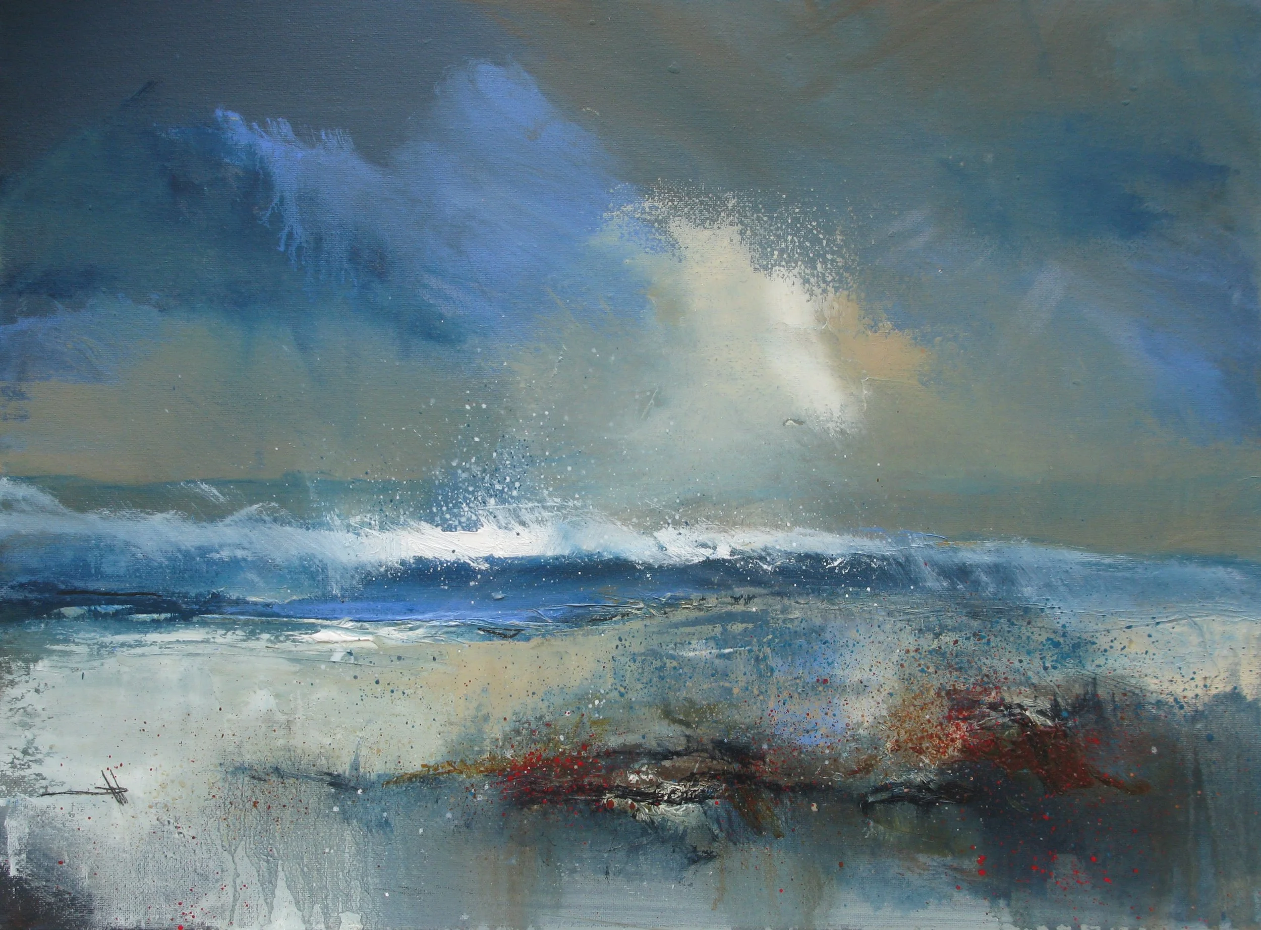 Abstract painting of ocean waves crashing, with blue, white, gray, and hints of red and brown colors.