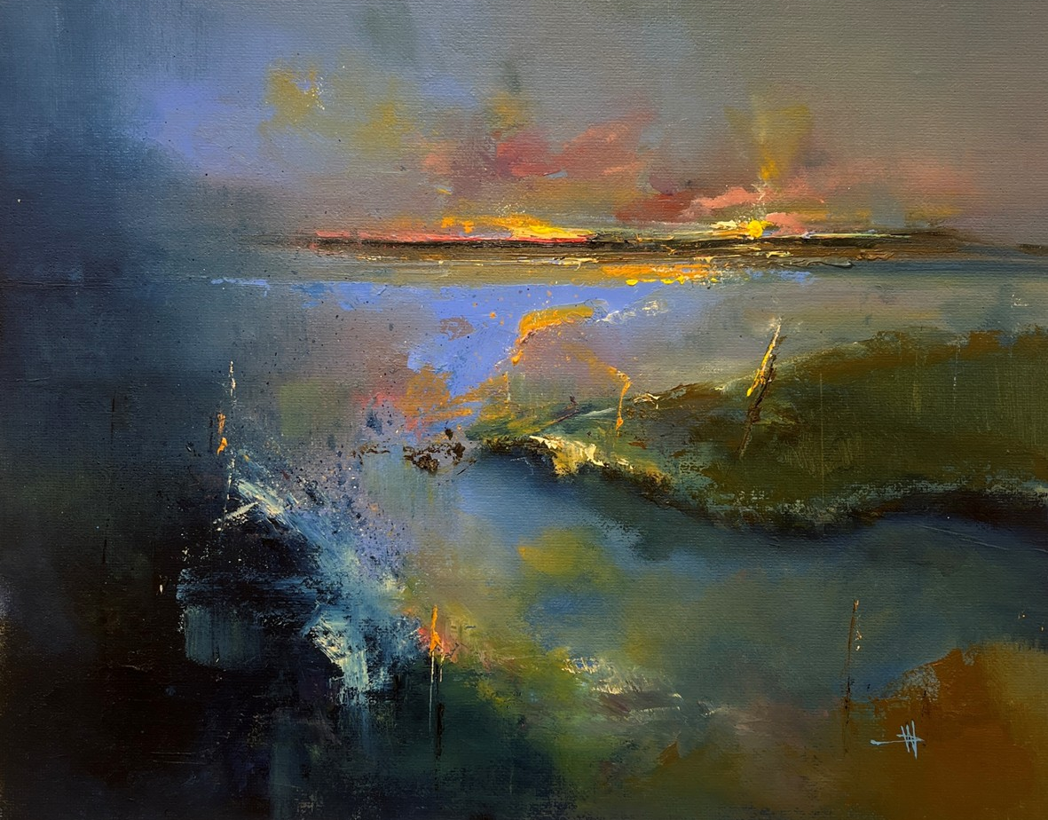 Abstract landscape painting of a sunset over water with dark foreground and colorful sky.