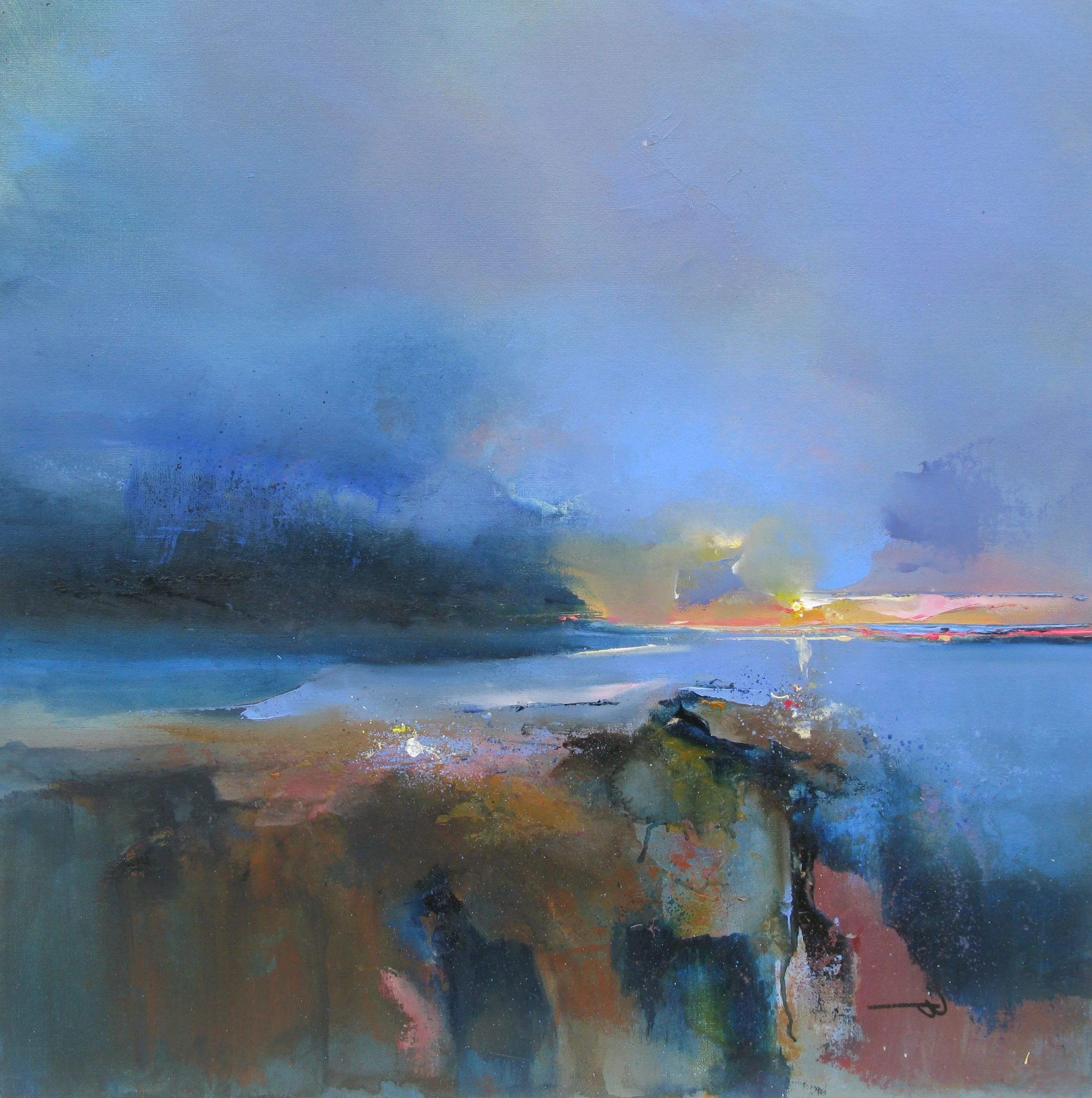 Abstract painting of a seascape at sunset with dark clouds, colorful horizon, and rocks in the foreground.