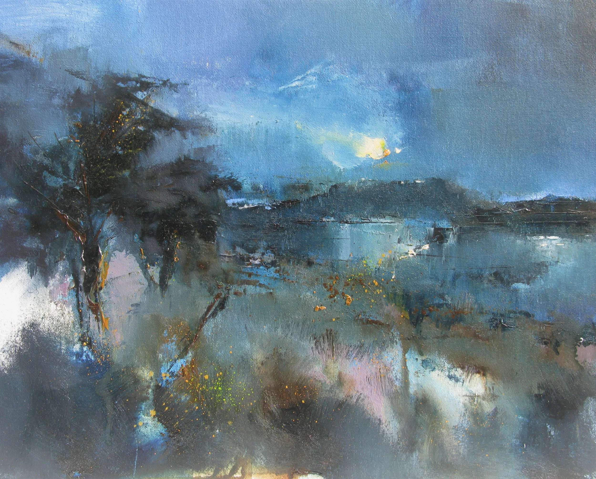 Abstract landscape painting featuring a body of water, dark trees, and a sky with blue, gray, and yellow hues.