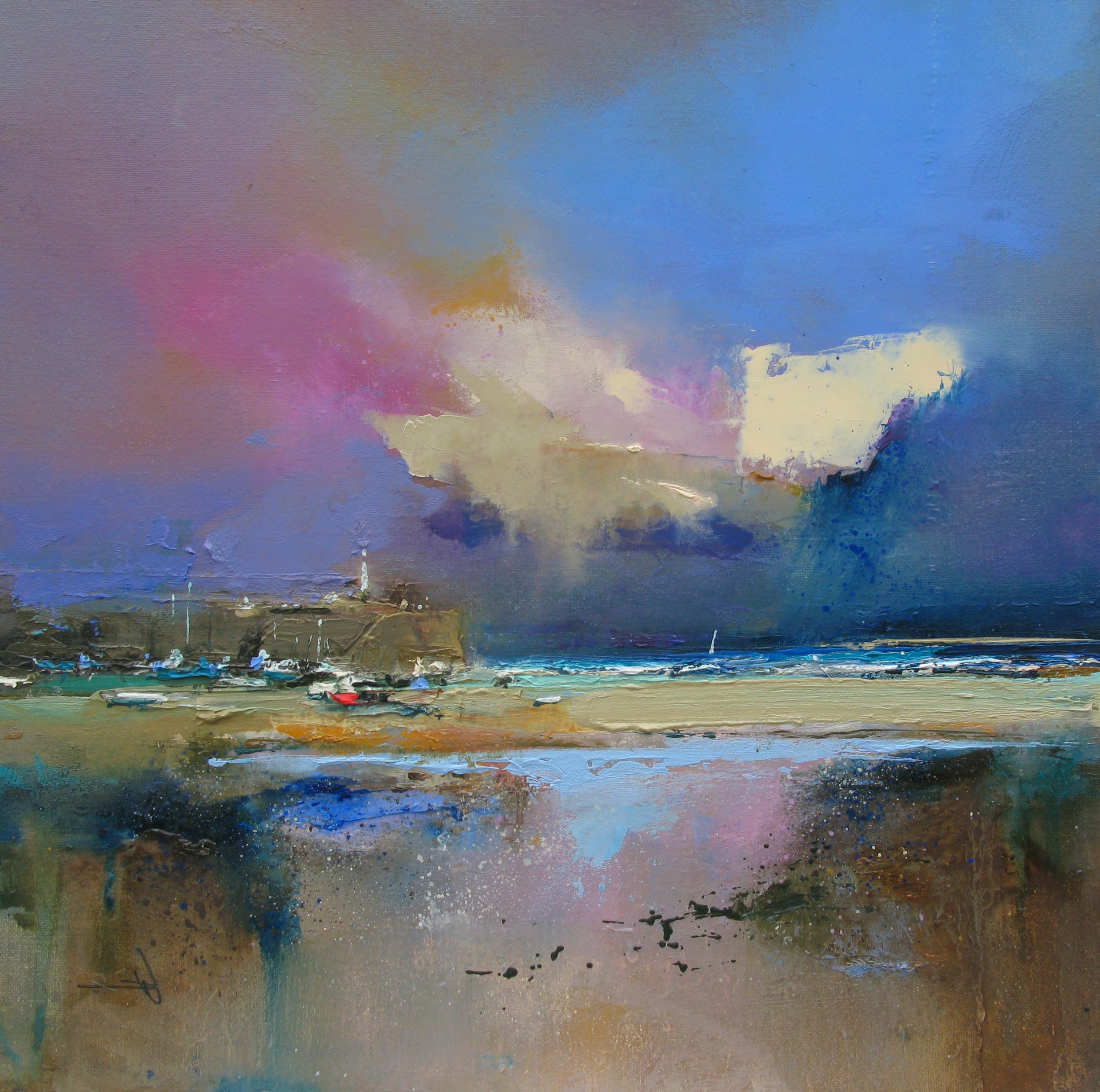 Abstract painting of a coastal scene with boats, a harbor, and a colorful sky with clouds in shades of blue, pink, yellow, and purple.