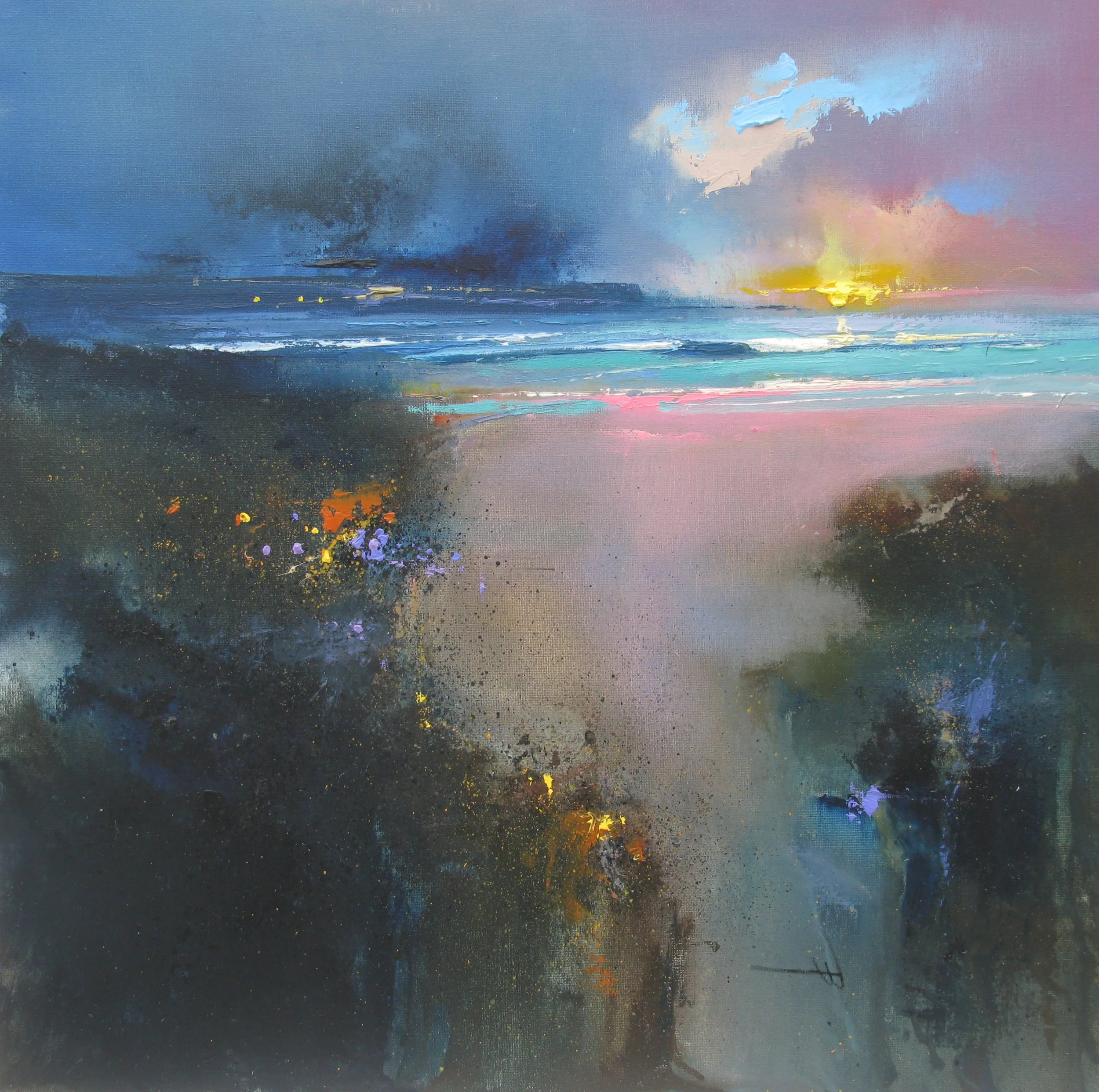 Abstract landscape painting of a beach at sunset, with a colorful sky, dark foreground, and hints of purple, pink, blue, and yellow.