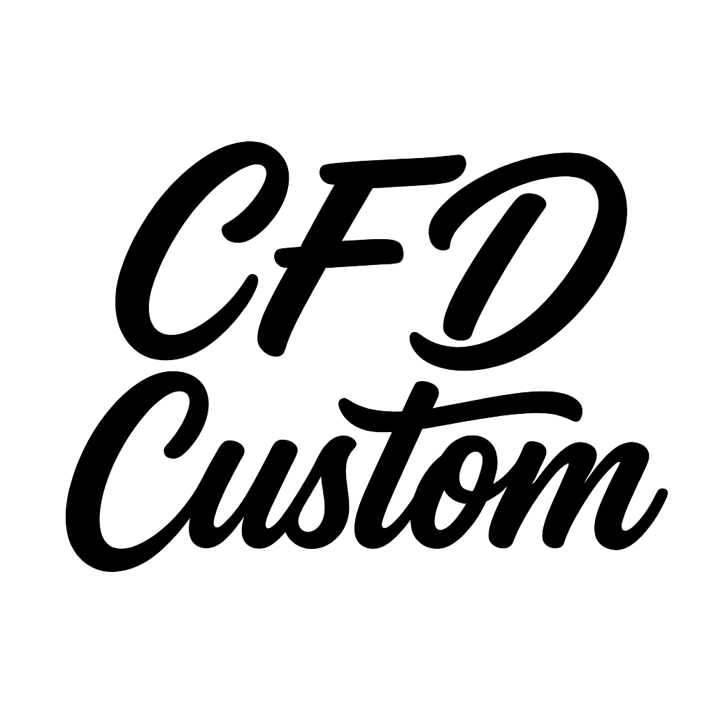 Logo avec le texte 'CFD Custom' écrit en script.